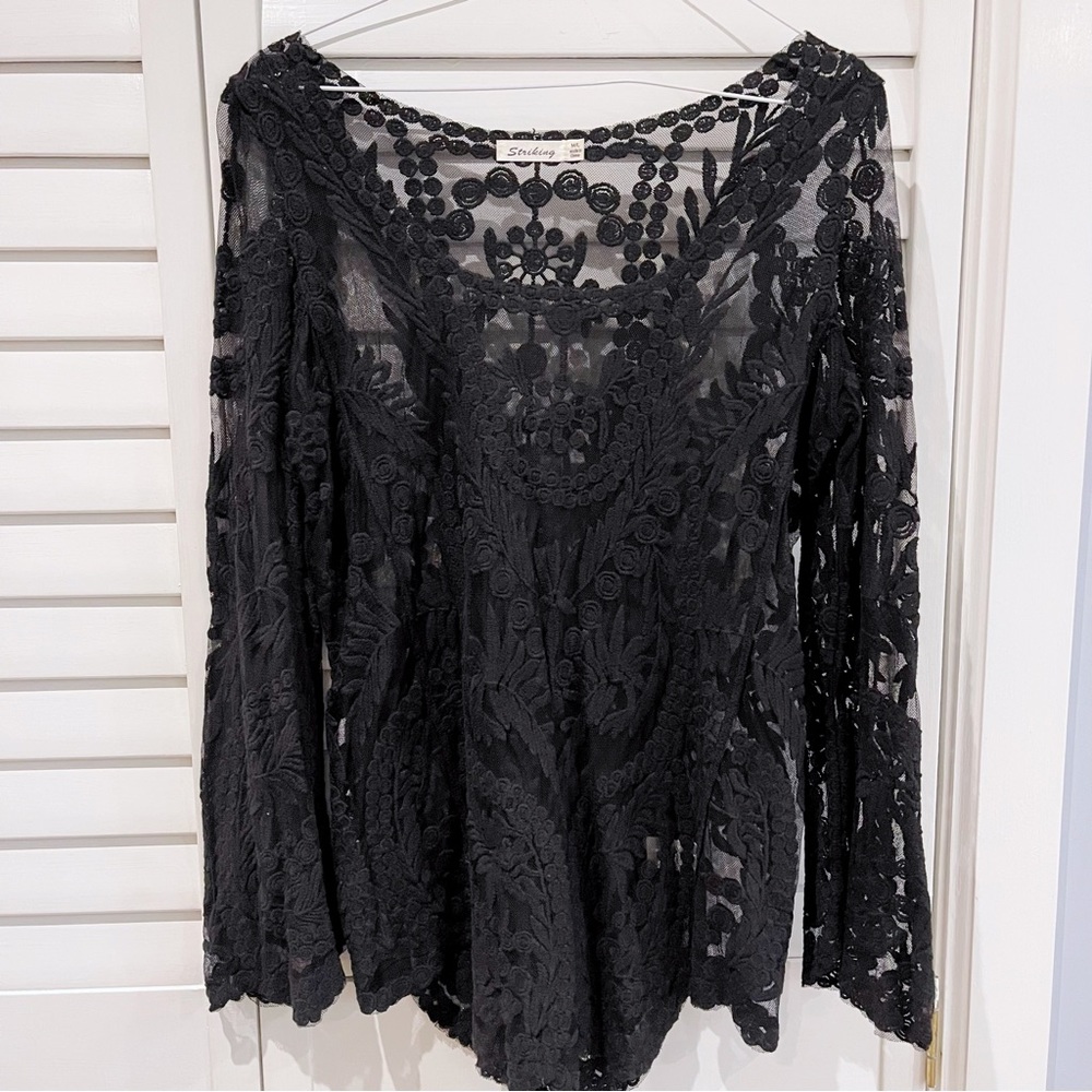 Embroidered Mesh Long Sleeve Blouse
